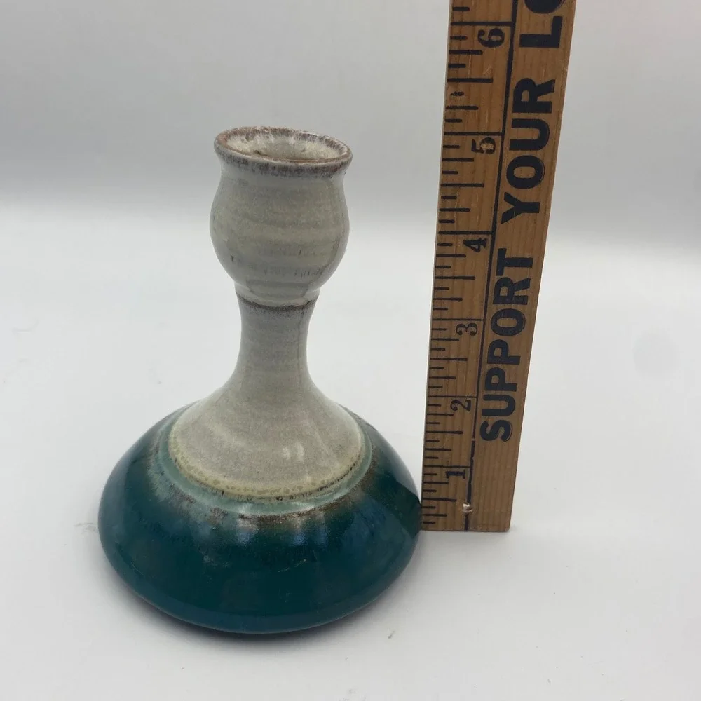 Studio Pottery Hand Signed Teal Cream Drip Glaze Candlestick Holders Set‎ of 2
